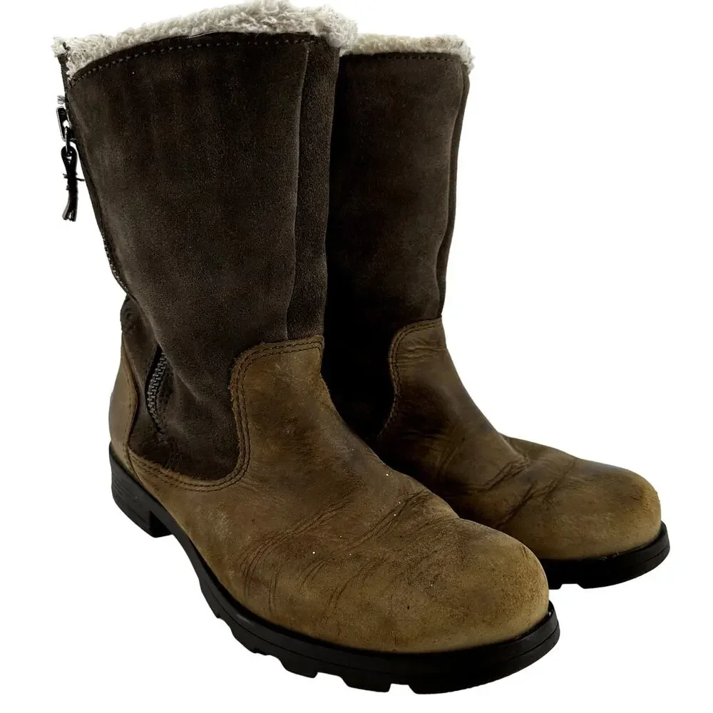 Sorel Emelie Boots Foldover Winter Leather Faux Fur Shearling Waterproof Brown 8